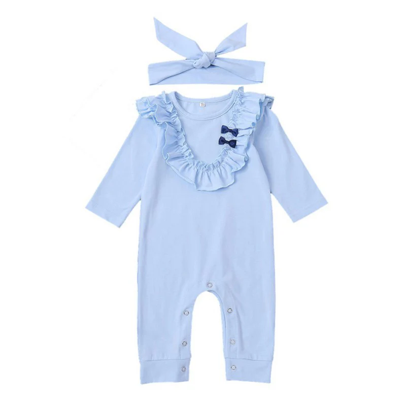 

Cute Blue/Pink Long Sleeve Bodysuit Baby Girl Lovely Ruffle Design Casual Infant Rompers With Headband New