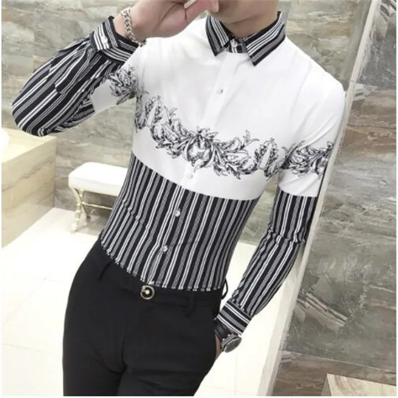 

Chemise Homme Luxury Stripe Printing Shirt Men Black WhiteSlim Fit Long Sleeve Camisa Masculina Social Men Club Prom Shirt 2019