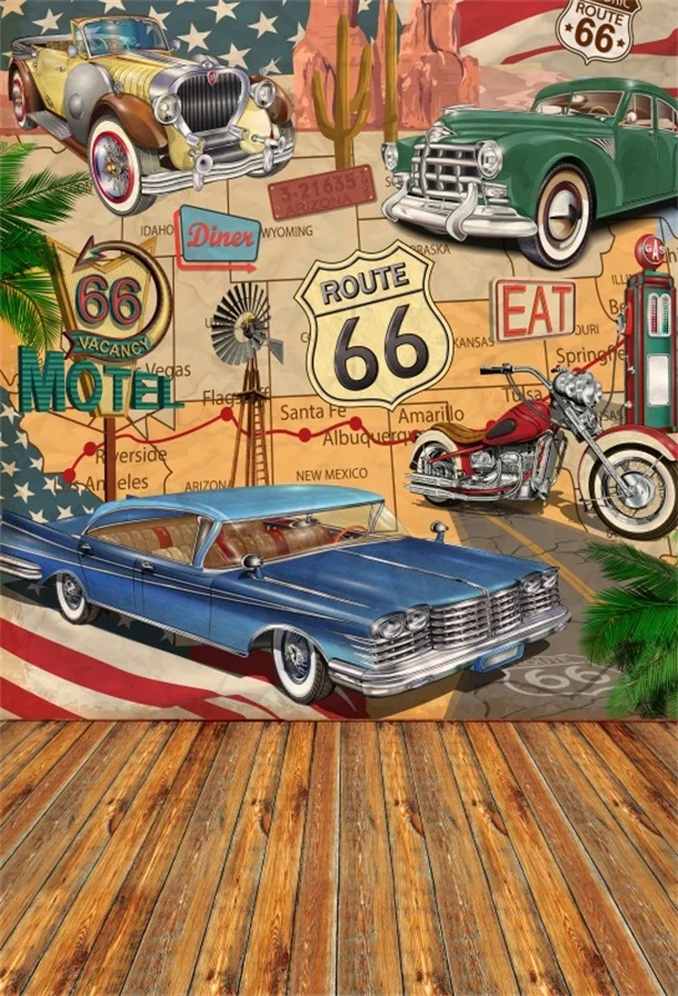 

Laeacco US Route 66 Cars Cartoon Wood Floor Photography Backgrounds Vinyl Custom Camera Photographic Backdrops For Photo Studio