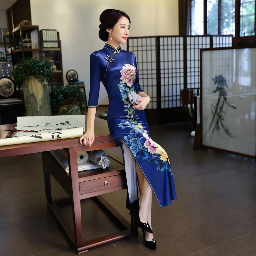 

New Arrival Chinese Women Novelty Flower Dress Sexy Long Cheongsam Qipao Elegant Print Flowers Dresses Plus Size M L XL XXL 3XL