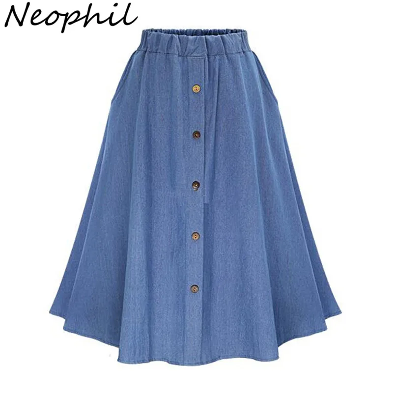 

Neophil 2019 Women Blue Jeans Midi Skirts High Waist A Line Winter Denim Pleated Single-Breasted High Street Flare Saias S1529