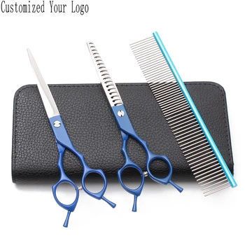 

7" 440C Customized Logo Blue Dog Scissors Kit Grooming Scissors Thinning Shears Straight Shears Professional Pet Scissors C9029