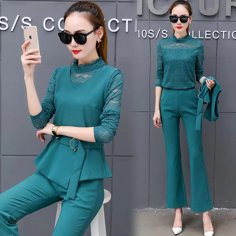 Комплект из трех предметов, женские кружевные топы с длинным рукавом+ жилет+ расклешенные штаны, комплекты, костюмы для девушек, офисные корейские женские комплекты, женская одежда - Цвет: green