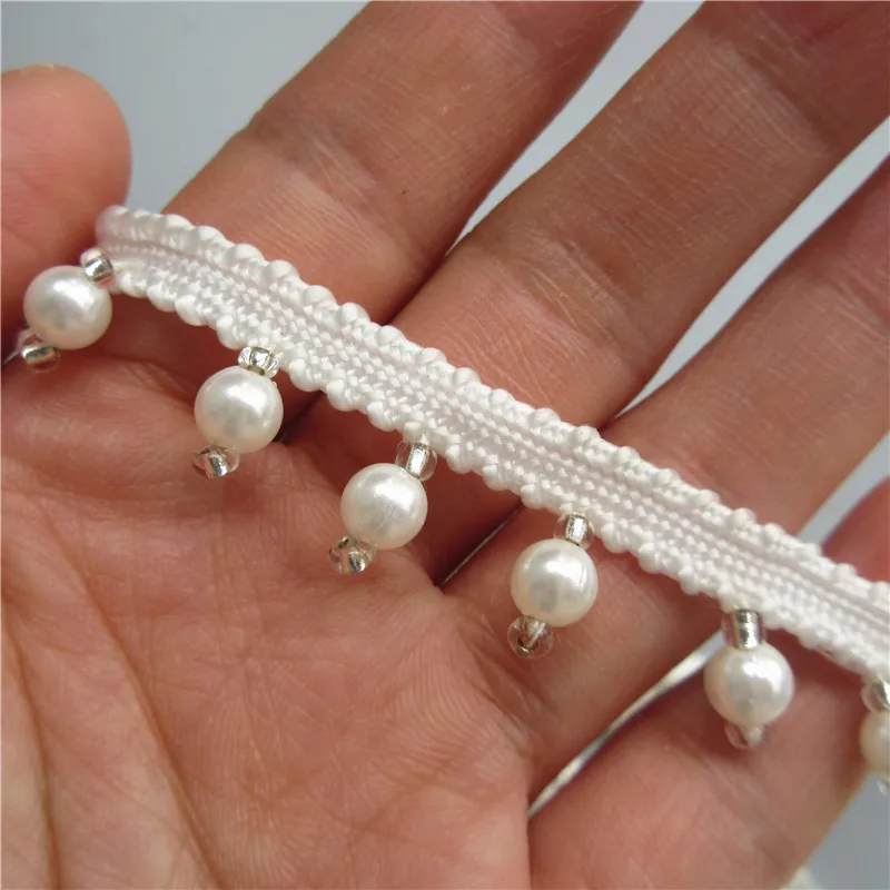 1 yard White Pearl Bead Embroidered Lace Trim Ribbon Fabric Handmade