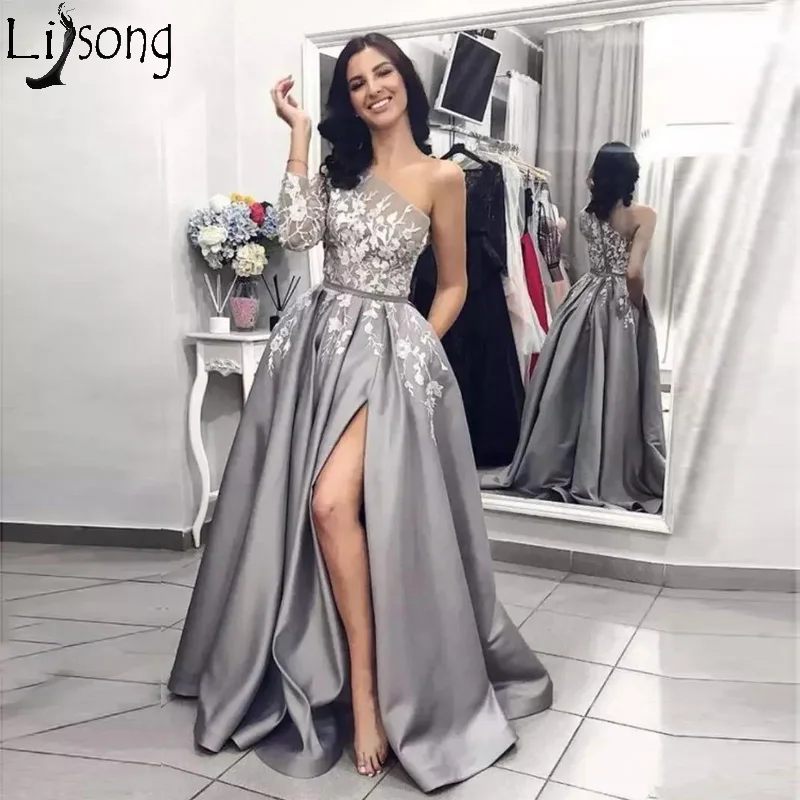 2019 Silver Grey Slit Prom Dresses Single One Long Sleeve Lace