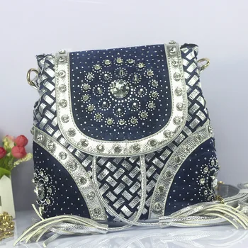 

Women Denim Bags Jeans Handbag High Quality Ladies Bags With Diamonds Rivet Messenger Bags Women's Shoulder Bag