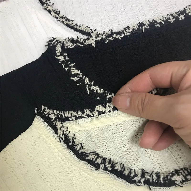 Роскошный дизайнерский брендовый трикотажный Топ для женщин с круглым вырезом Камелия Бисероплетение кисточкой ледяной шелк трикотажные футболки белый черный