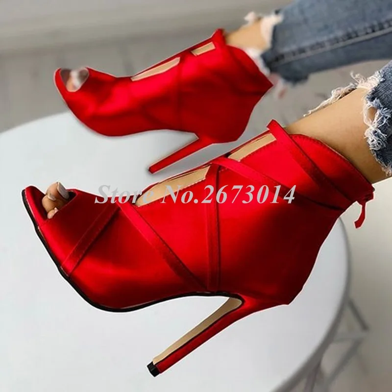 

Sandals Summer New Women Peep Toe Sandals Boots Thin High Heel Narrow Band Sandals Back Zipper Red Satin Boot Party Wedding Shoe