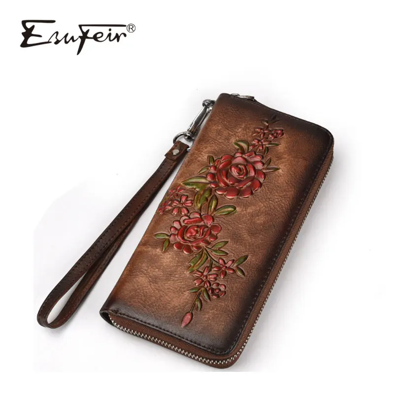 

2018 ESUFEIR Genuine Leather Embossed Ladies Wallet Luxury Brand Rretro Long Multi-card Wallet Designer Purse Daily Clutch Bag