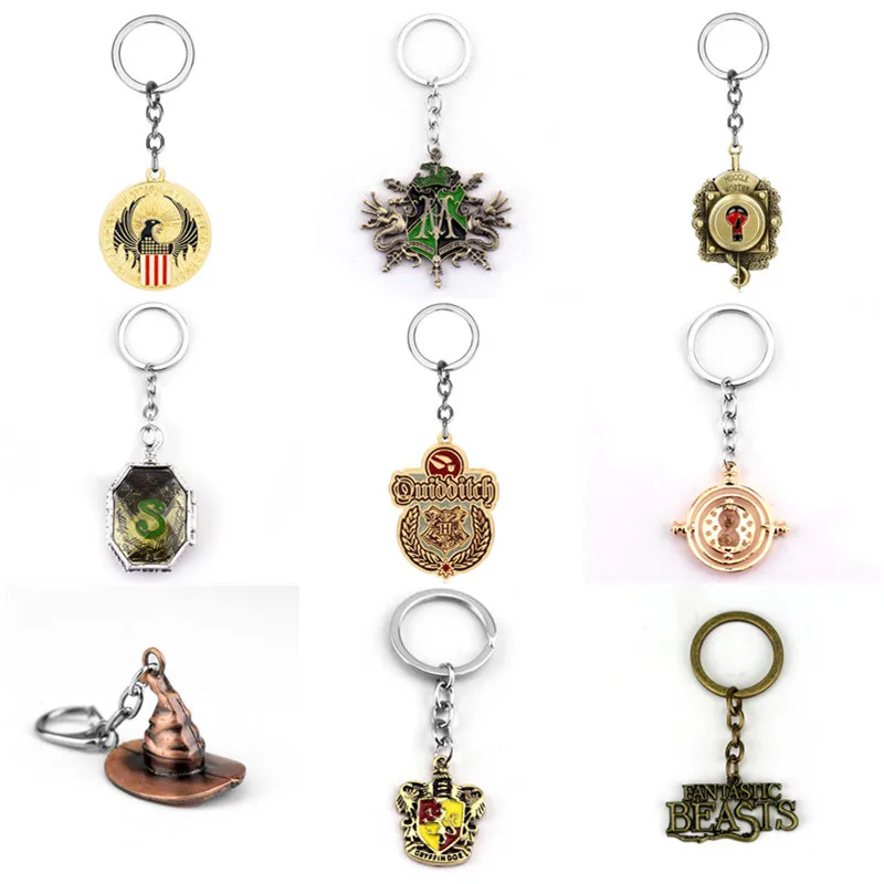 

Deathly Hallows Keychain Hogwarts Golden Snitch Time Turner Keyring Horcrux Locket Charm Key Chains Triangle Rotatable Jewelry