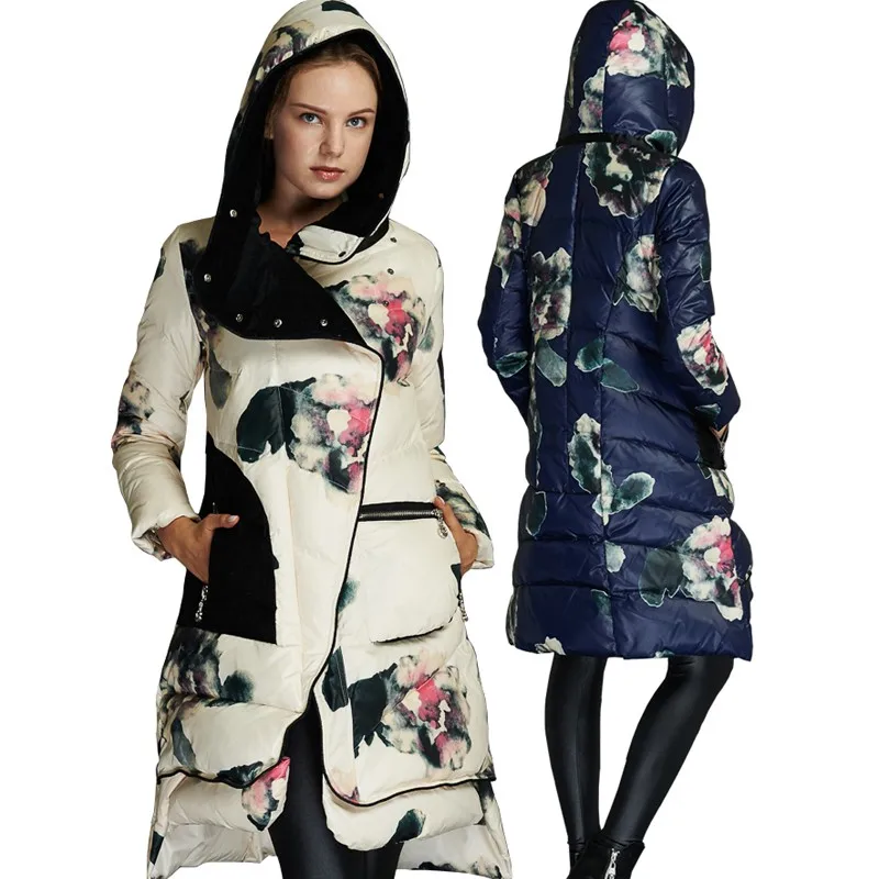 Abrigos Chaquetas Mujer Invierno зимняя женская куртка с цветочным принтом, белая парка на утином пуху, Женская куртка, зимнее пальто W444