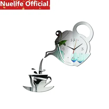 

45x30cm coffee teapot cup acrylic mirror wall clock stickers living room bedroom coffee shop background wall stickers N3