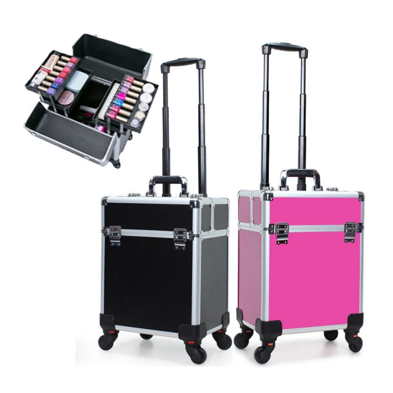 

HUNYOO New high-end Aluminum Cosmetic Case Beauty Case Trolley Cosmetic With Lamp Large Capacity Multi-layer pu makeup box