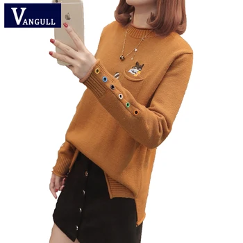 

Casual Fashion Women's Clothing 2018 Autumn & Winter Mandarin Collar Cat Embroidery Female Pullover long Sleeve Knitting Sweater