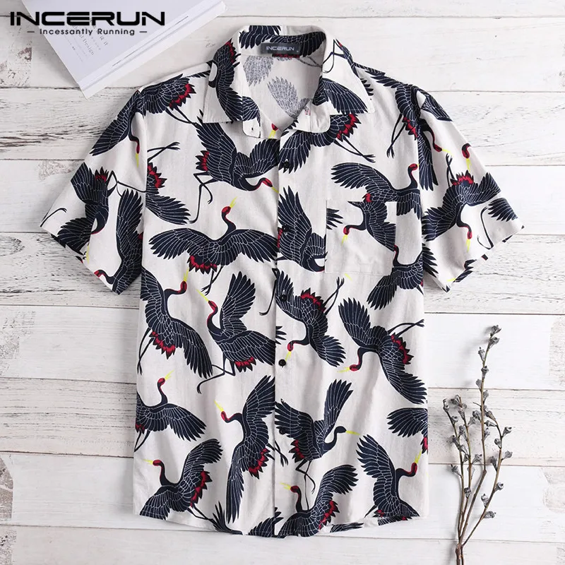 INCERUN Мужская Повседневная рубашка с принтом Кнопка короткий рукав Блузка Camisa свободные пляжные Harajuku Гавайские рубашки Мужская Уличная Одежда S-5XL