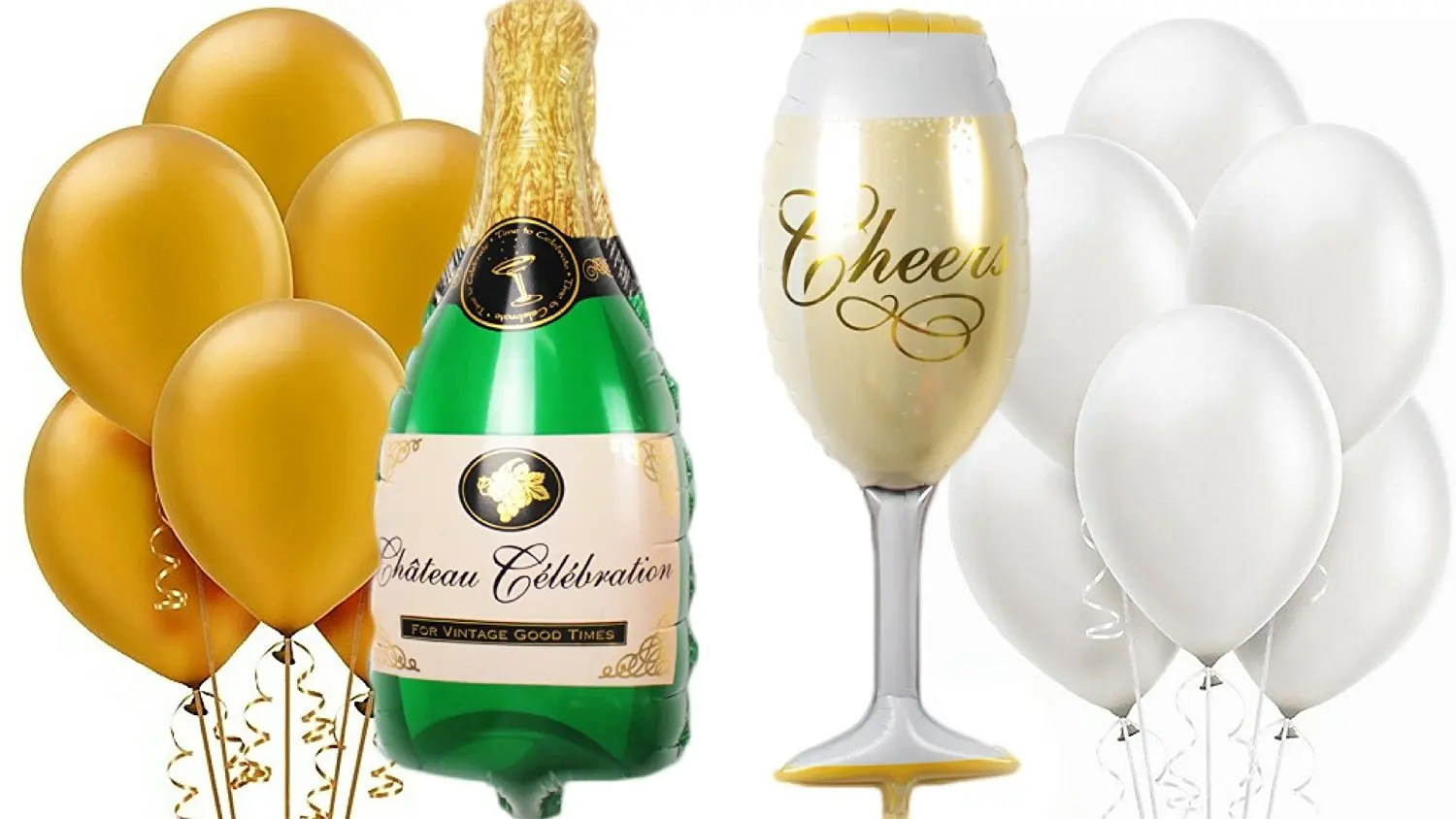 39"Champagne Bottle Wine Glass Mylar Balloons Gold White 12" Latex