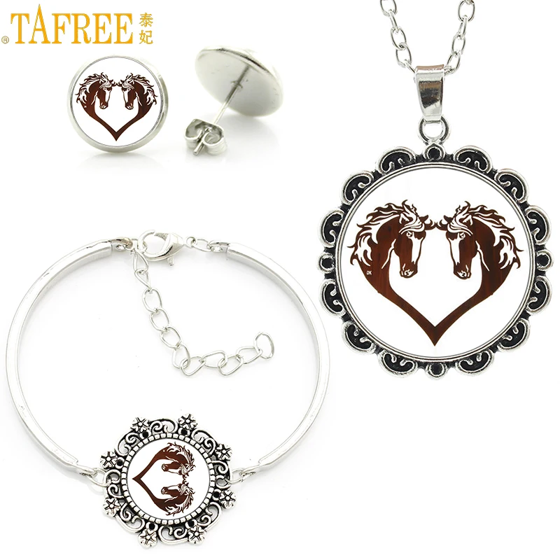 

TAFREE novelty fashion Love Horses pendant statement necklace earrings bracelet women equestrian sports lover jewelry sets SP570
