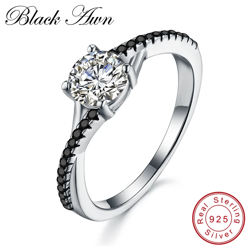 

[BLACK AWN] 925 Sterling Silver Jewelry Trendy Row Black Stone Wedding Rings for Women Engagement Ring Femme Bijoux Bague C342