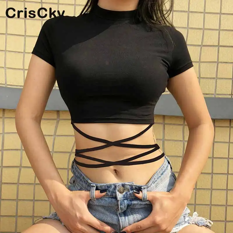 

CRISCKY New Sexy Slim T Shirts Women ONeck Short Sleeve Cross Bandage Summer Nightclub Crop Tees Tops Lady Casual Solid T-Shirts