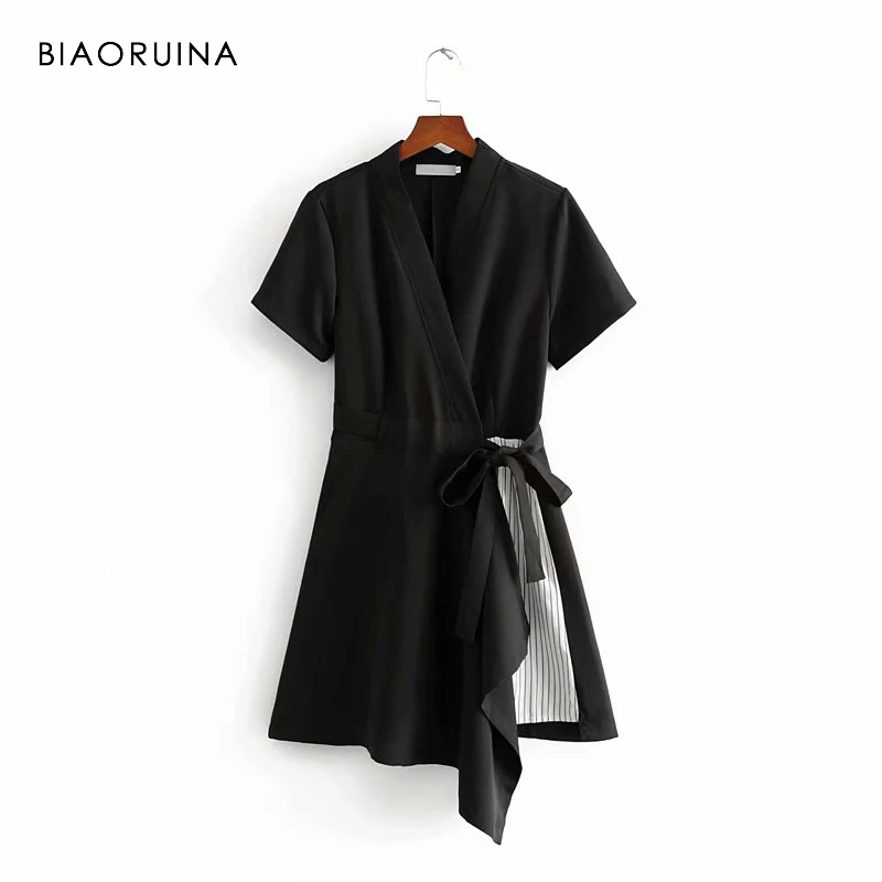 BIAORUINA, женское винтажное черное лоскутное летнее платье в полоску, женское асимметричное платье с высокой талией и v-образным вырезом, Vestidos с поясом