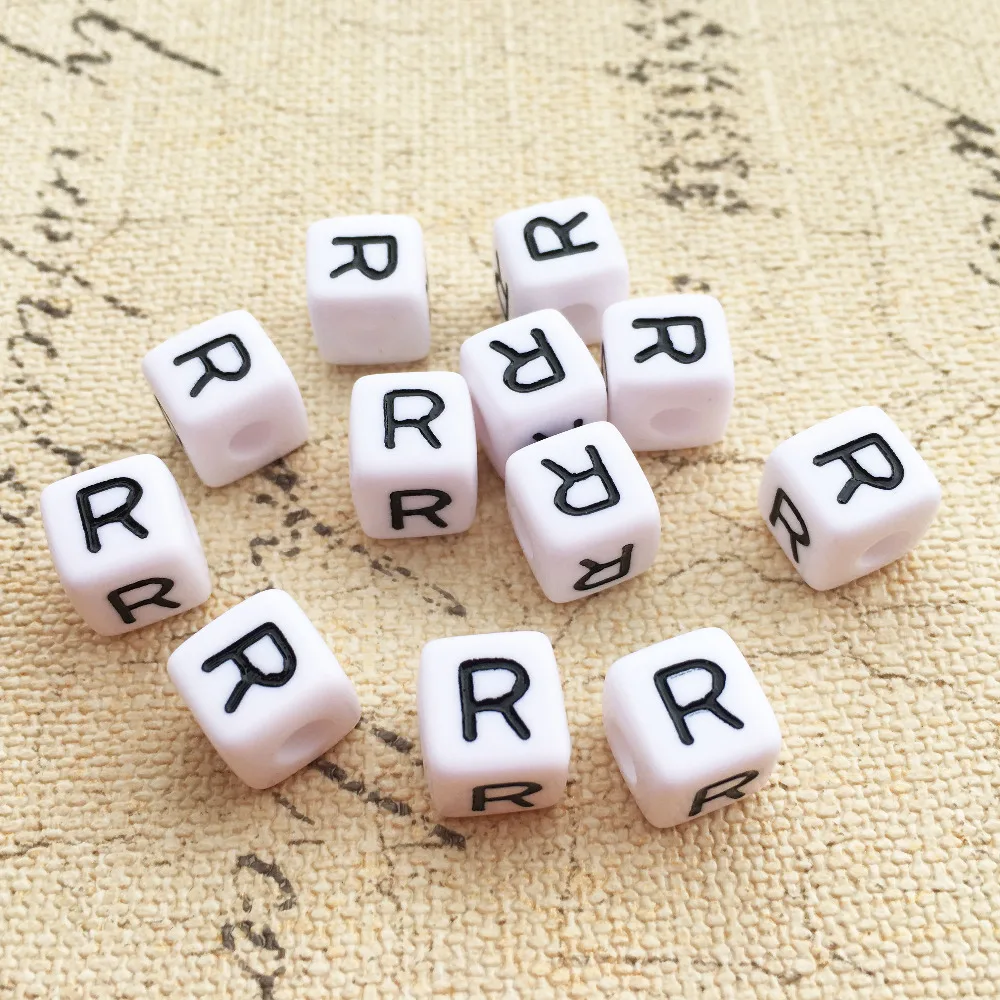 

Mini Order 100PCS 10*10MM Cube Acrylic Alphabet R Beads Solid White Color Square Plastic Initial Name Bracelet Jewelry Beads