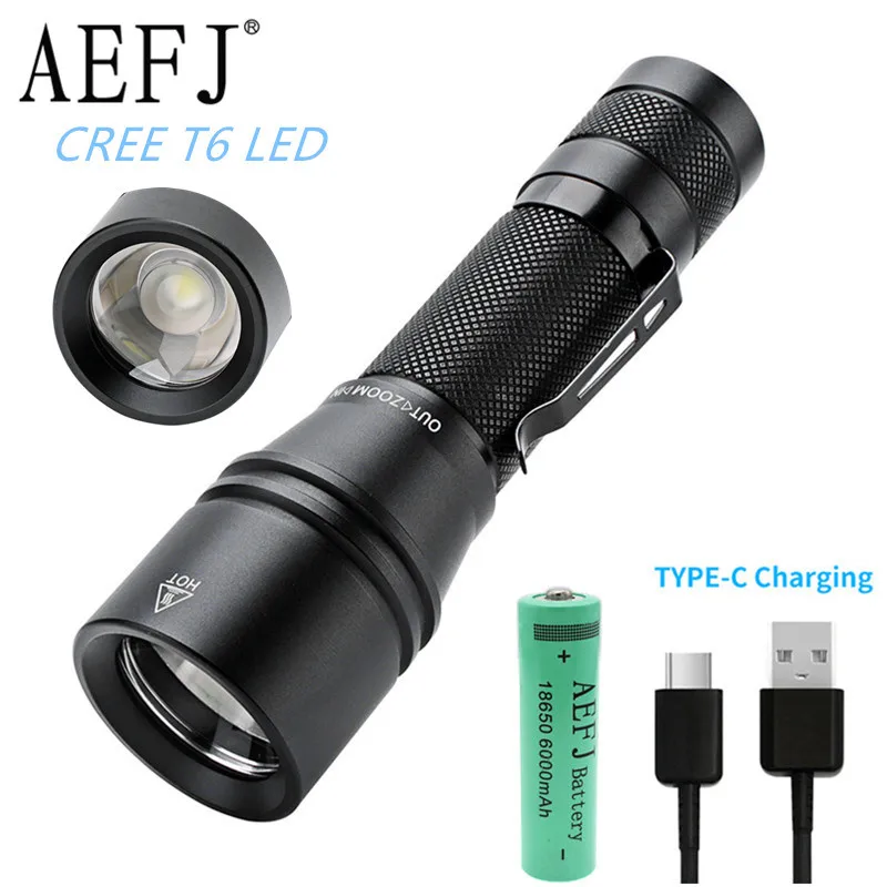 

10000LM T6 LED Flashlight zoomable Focus Torch Light Mini USB Type-C Quick Charge use 18650 Camping Equipment lamp