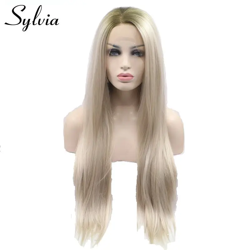 

Sylvia ombre blonde brown root silky straight heat resistant fiber hair synthetic lace front wig middle part soft lace women wig