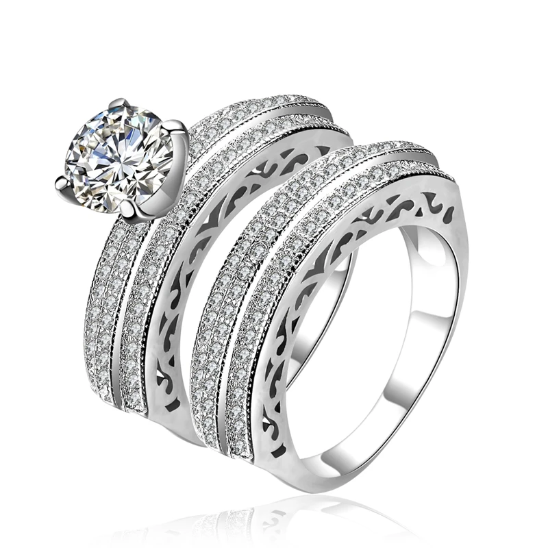 

Luxury Silver Color Carat CZ Crystal Ring Set with Paved Micro Zircon Wedding 2 Piece/Set Jewelry for Women Girls