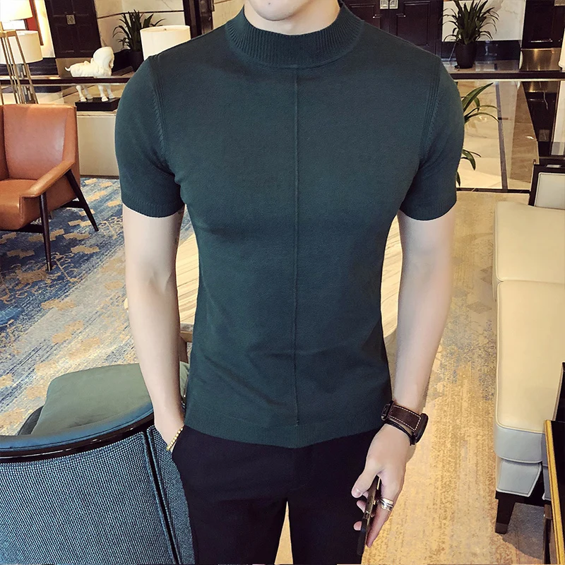 

2018 Spring Self-cultivation casual Sweater pullover men Half Sleeved Rendering Unlined Upper Garment male turtleneck