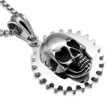 HIP Punk Gothic Gear Skull Pendants Necklaces Cool font b Silver b font 316L Stainless Steel