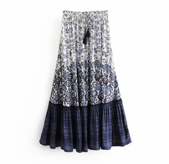Богемная длинная юбка с цветочным принтом и оборками на подоле, Женская пляжная юбка на шнуровке - Цвет: Синий