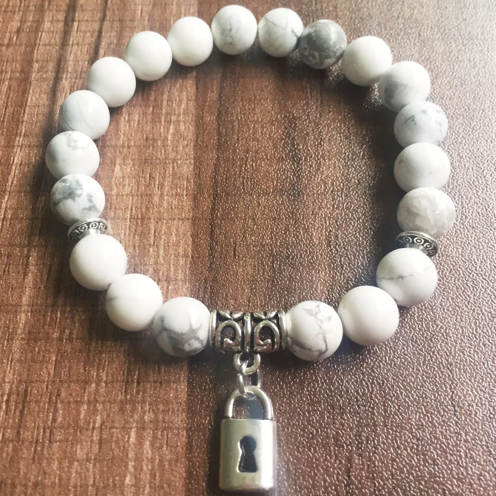 Natural Stone 8MM White Howlite Bracelet love lock pendant Round Bead Bracelet Prayer Yoga