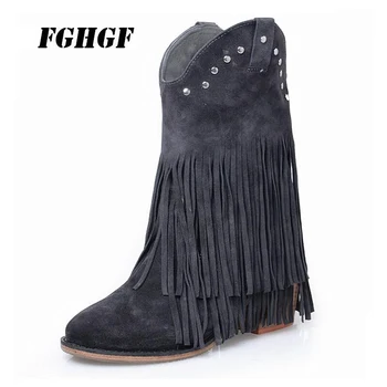

Thick high heel women's boots single boot straight leg casual loose ground leather fringed ankle boots The western boots 34-40