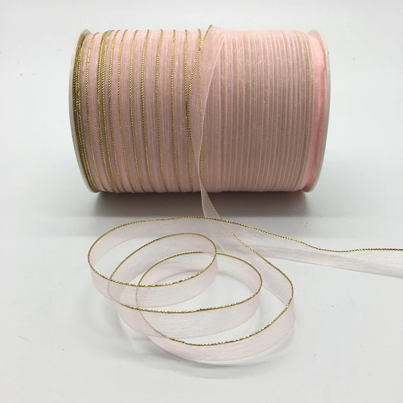 10yds/лот 3/8 &quot10 мм Розовый Блеск Золотая оправа лента из органзы бант волос для
