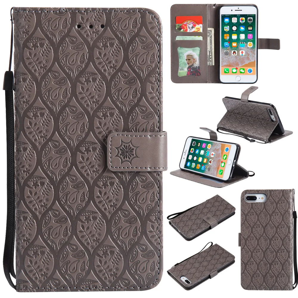 

3D Embossed Rattan Flowers Flip Case For iPhone 7Plus PU Leather Silicone Wallet Holster Cover For iPhone 8Plus 7 8 Plus Case