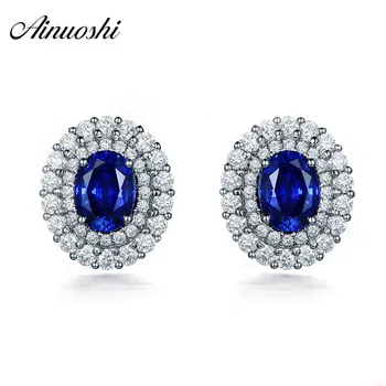 

AINOUSHI 1.25 Oval Cut Blue Sona Halo Earrings 925 Sterling Silver Women Earrings Princess Wedding Engagement Party Stud Earring