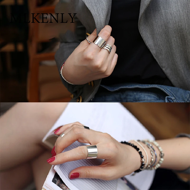 

New 100% Celebrity 925 Sterling Silver Jewelry Wide Glazed Open Rings for Women Smooth Face Big Rings Punk Bijoux En Argent 925