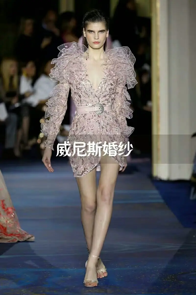

Sequined Feathers dress 2019 New Women V-Neck long sleeve Vestidos Celebrity evening party bodycon bandage dresses