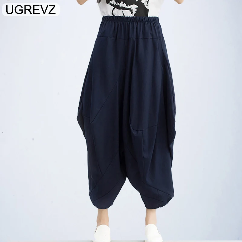 

UGREVZ New Arrivals Cotton Linen Harem Pants 2018 Autumn Ethnic Style Trousers Retro Casual Loose Elastic Waist Wide Leg Pants