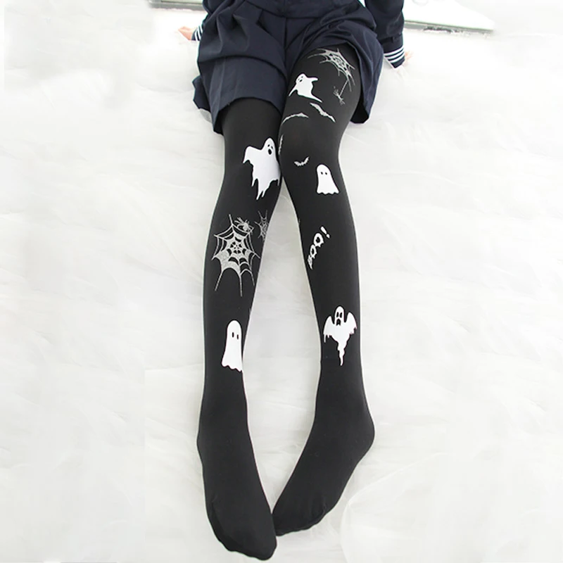 

women black silver sequined spider web Harajuku tights female weird ghost boo Halloween pantyhose Japan comic velvet panty hose