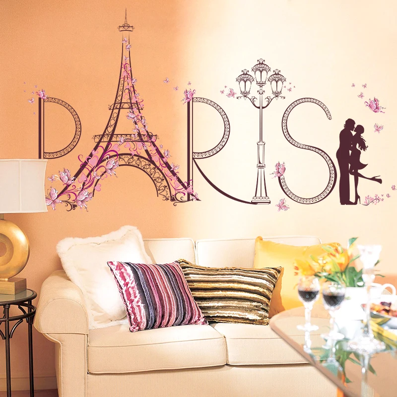 3d romantic paris tower wall stickers home decor lovely pink flower