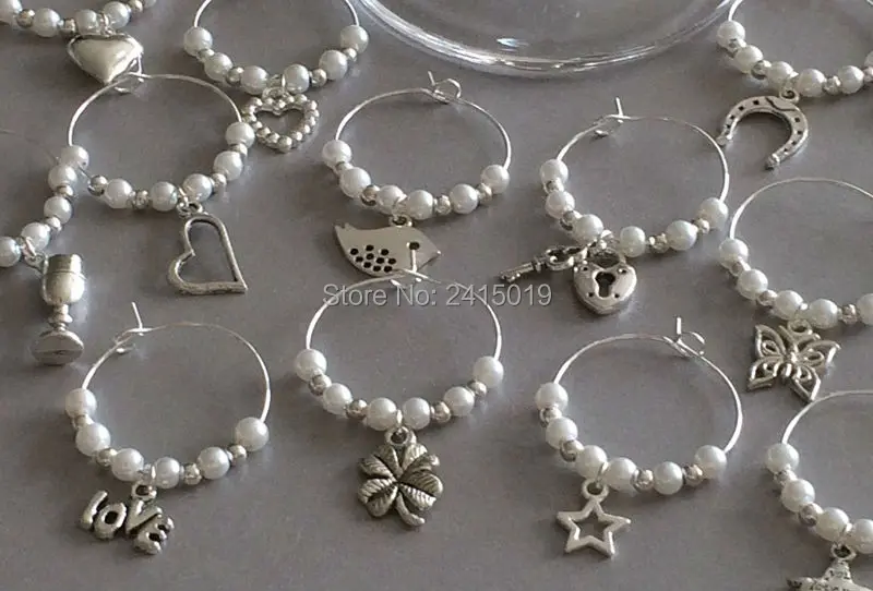 20 Mixed Wine Glass Charms. Wedding, Hens. Party. Favours. Choose Pearl Colour-3