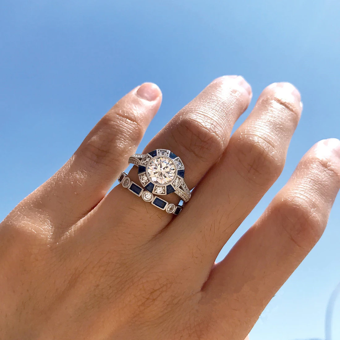 Fashion 2pcs/Set Luxury Blue Wedding Ring For Woman Silver Plating Zircon Ring Jewelry