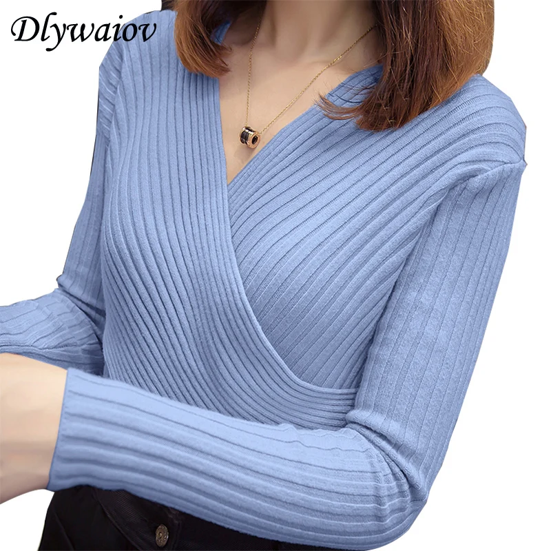 Sexy Sweater Women Low Chest Cross Deep V neck Tops Autumn Winter Fashion Slim Tight Elasticity Knit Pullover New Female Befree