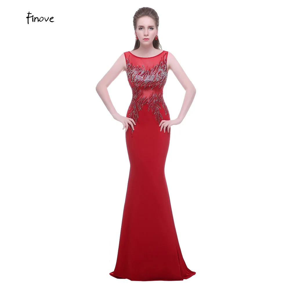 

Elegant Long Evening Dresses Red with Scoop Neck See through Back New Beading Mermaid Sexy Prom Party Dresses Vestido De Festa