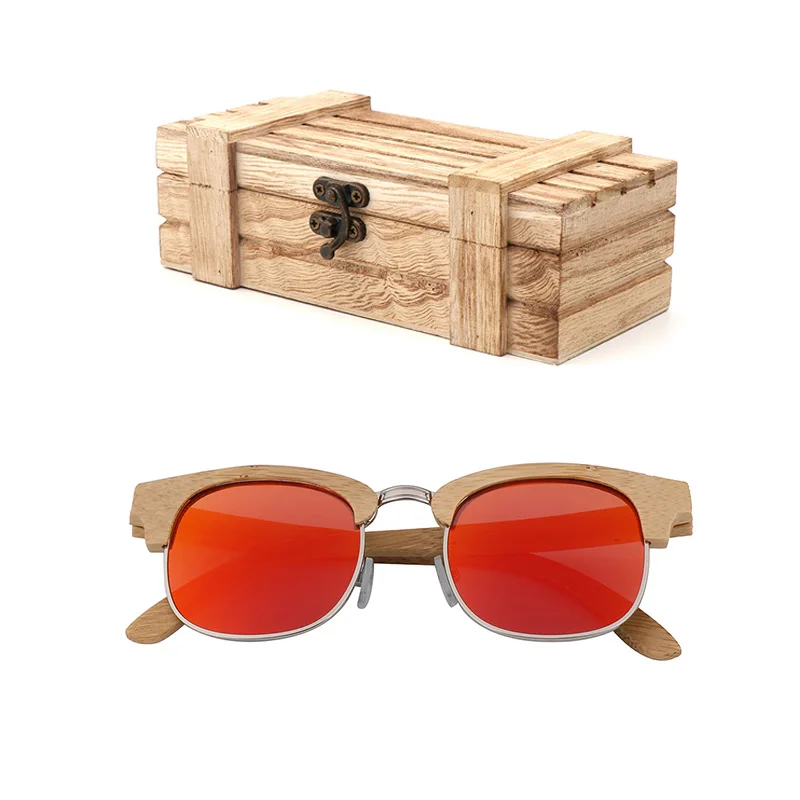 02 wood box Модные женские солнцезащитные очки с защитой от УФ-лучей, бамбуковые, цветные линзы, полуоправы, женские, мужские, поляризационные, для путешествий, солнцезащитные очки с деревянной коробкой - Цвет линз: 02 wood box