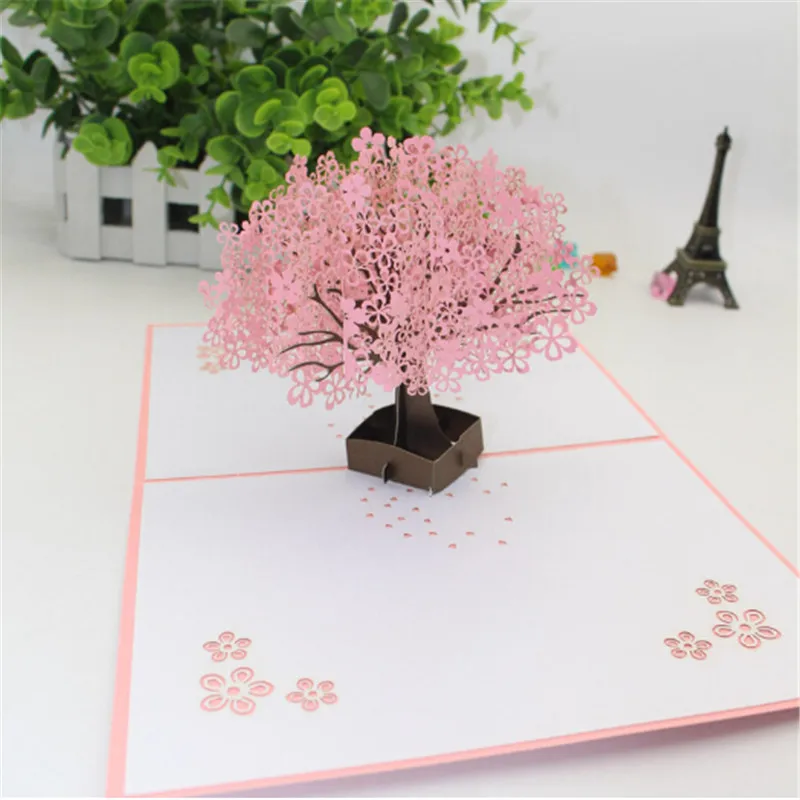 

Handmade 3D Popup Birthday Wedding Mothers Day Thank Card New Year Invitation Cherry Blossom Tree