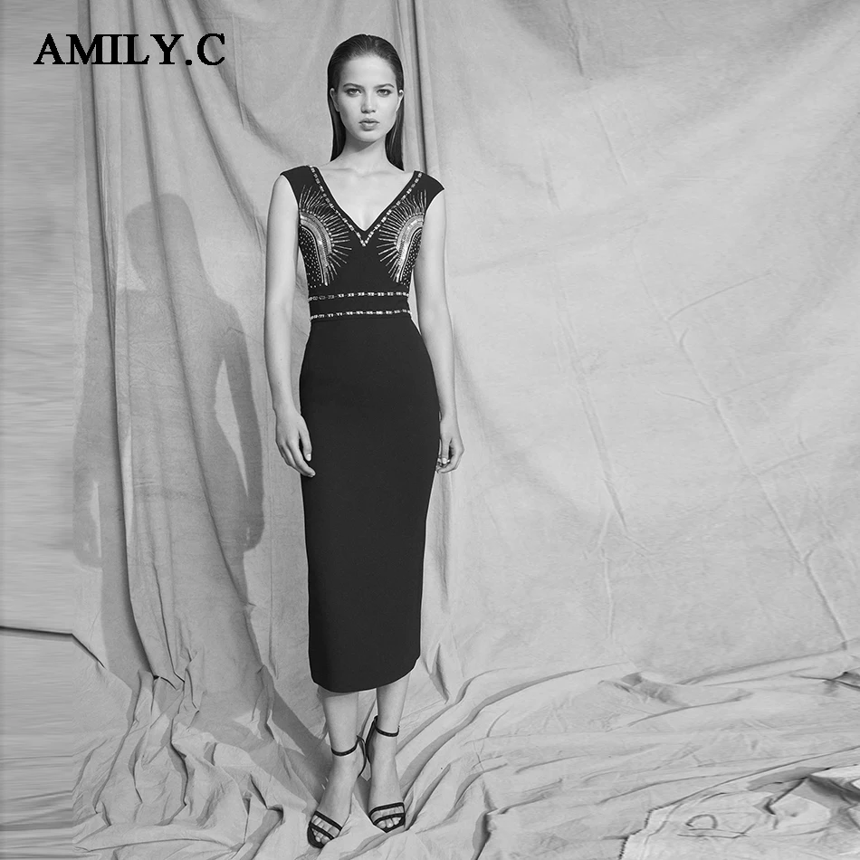 Женское облегающее платье Amily.c 2020 без рукавов с бусинами Клубные вечерние платья