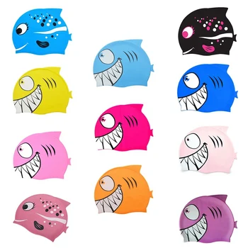 

2019 new children's swimming cap cartoon fish silicone waterproof protection ear shark swimming cap children's hat 11 colors