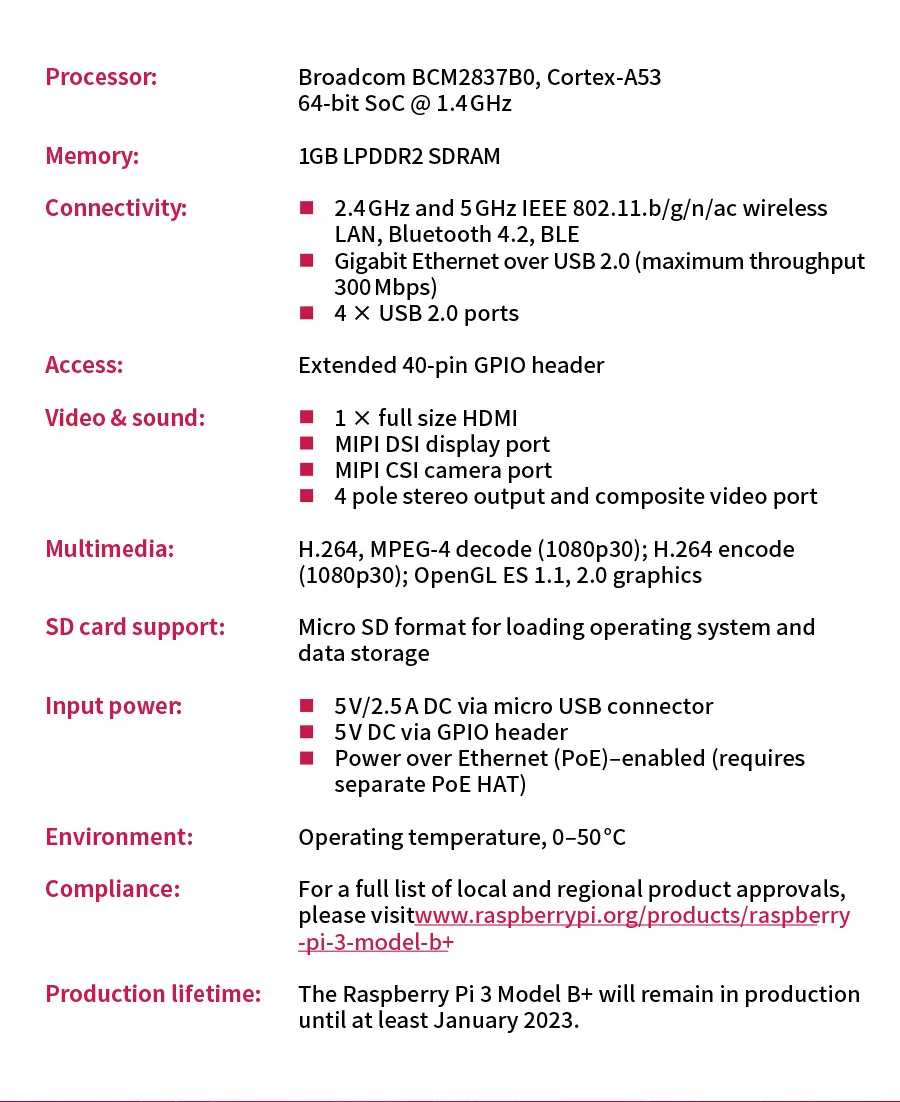 Raspberry Pi 3 Model B+(плюс) Встроенный Broadcom 1,4 ГГц quad-core 64-разрядный процессор Wi-Fi, Bluetooth и USB Порты и разъёмы